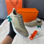 Hermes Bouncing Sneakers Khaki Leather, Blue Logo
