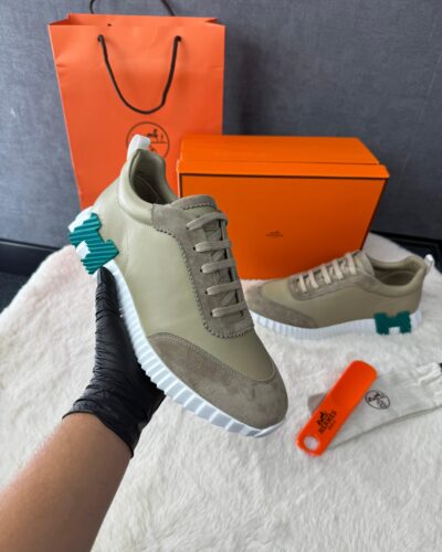 Hermes Bouncing Sneakers Khaki Leather, Blue Logo