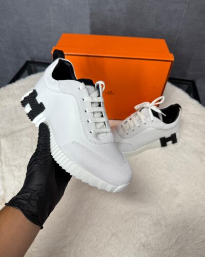 Hermes Bouncing Sneakers White Leather, Black Logo
