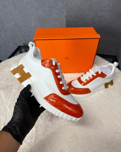 Hermes Bouncing Sneakers White Orange, Brown Logo