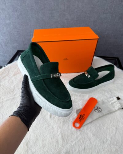 Hermes Instappers Dark Green Suede